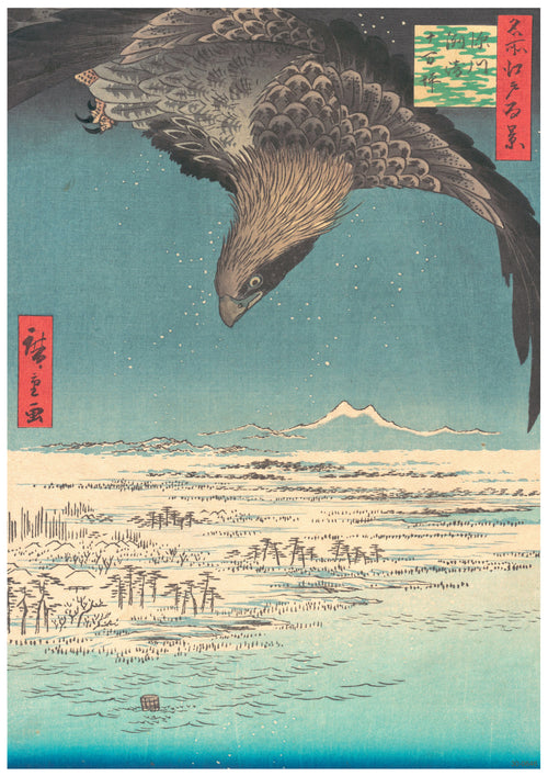 A traditional Japanese art poster, "Hiroshige, Jumantsubo Plain at Fukagawa," depicts an eagle diving towards a snowy landscape below. Mt. Fuji can be seen in the distance under a clear blue sky, and the foreground features a vast expanse of snow-covered terrain with some trees and structures, printed on high-quality 250gsm satin paper by A3 518.