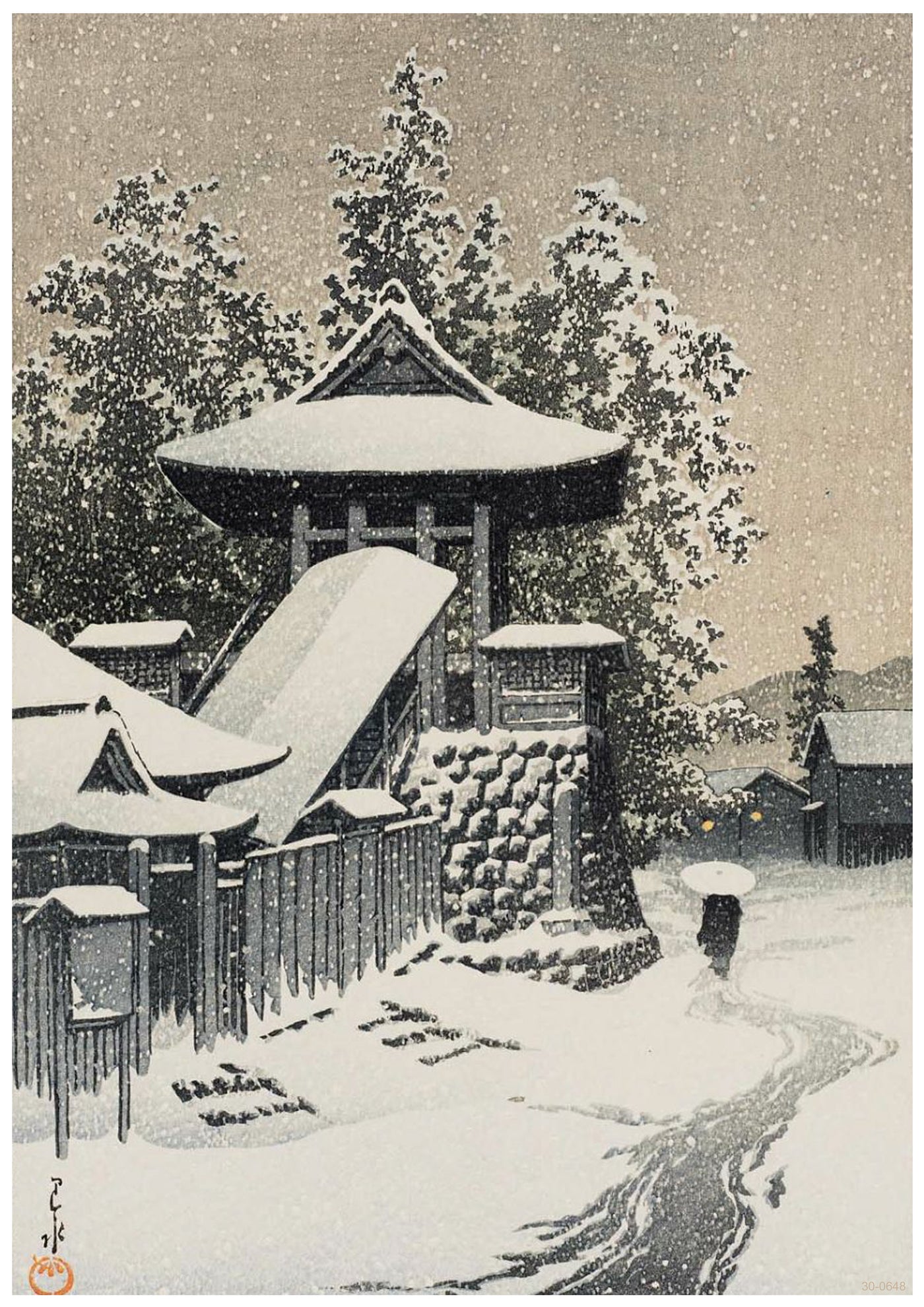 A traditional Japanese gate and surrounding buildings are covered in snow. The path leading to the gate is also blanketed with snow. Tall trees stand in the background, and the sky is filled with falling snowflakes, creating a serene winter scene, perfect for an A3 520 Kawase Bell Tower at Mt Koya printed on high quality 250gsm Satin Paper.