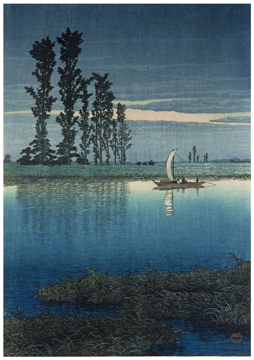 A serene lakeside scene at dusk features a small boat with a single sail floating on calm water, surrounded by tall, slender trees on the far shore. The sky is tinged with blue and soft yellow hues, reflecting beautifully in the mirror-like surface of the lake, reminiscent of an A3 522 Kawase Evening of Ushibori.