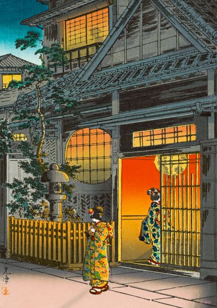 A Japanese art print depicting two women in traditional kimonos standing near the entrance of a building. The building has large, glowing windows and intricate architectural details. A wooden fence, lantern, and tree add to the serene evening scene of this exquisite Tea House Koitsu Tsochiya by A3 524 on 250gsm Satin Paper.