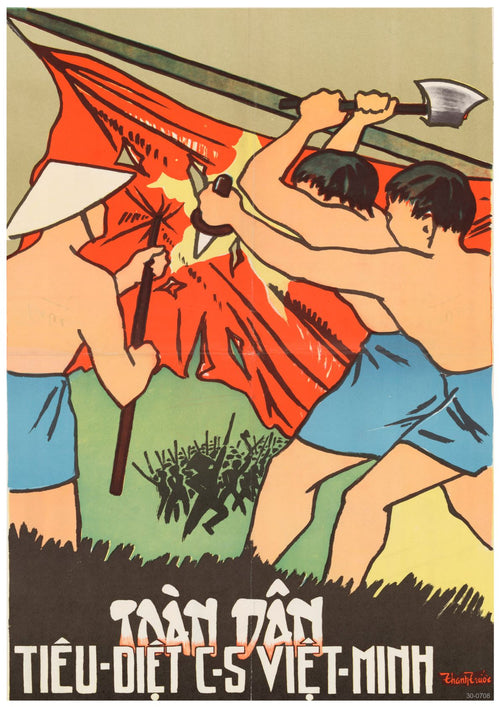 Illustration of three people wearing blue shorts using axes to tear apart a red flag with a yellow star. Below the image is text in an Asian script. The background features a soft gradient, and the scene appears tense and dynamic, printed as a high quality Vietnamese Tuan Dan Propaganda Poster on Satin Paper from A3 139.