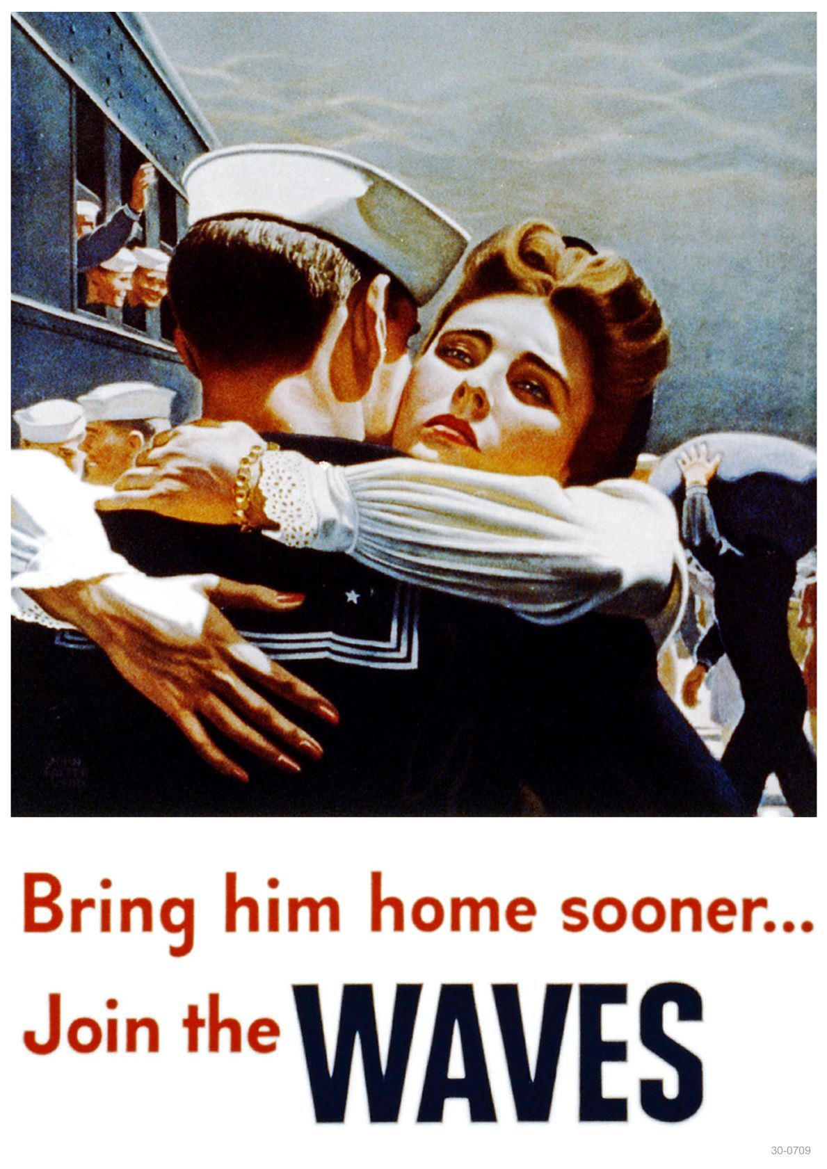 A vintage World War II recruitment propaganda poster printed on 250gsm Satin Paper depicts a woman embracing a sailor. The text below reads, "Bring him home sooner... Join the WAVES." The background shows other sailors onboard a ship and people in the distance. This is the Join the Waves Propaganda Poster by A3 140.