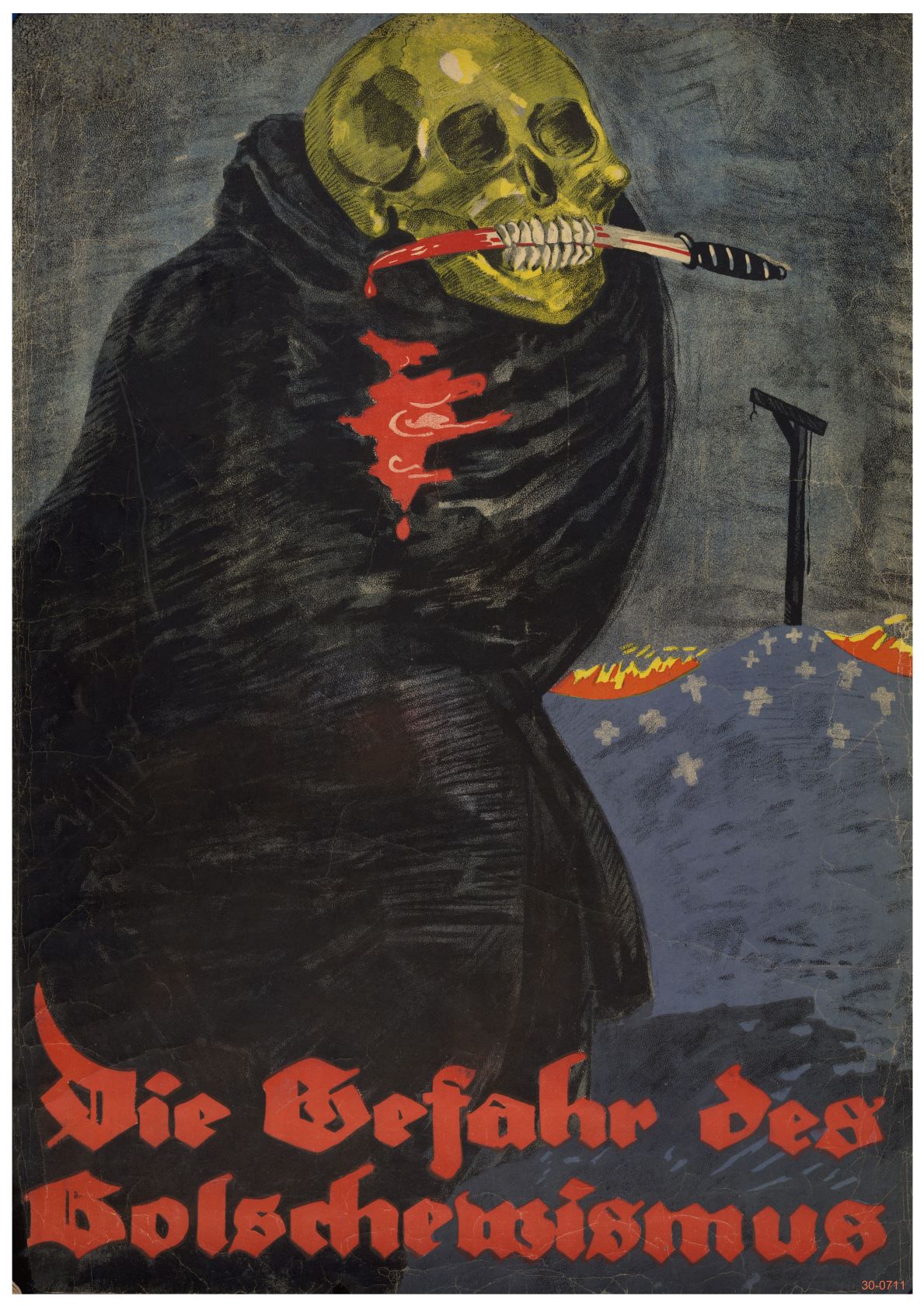 A propaganda poster features a skeletal figure in dark robes, holding a blood-stained knife in its mouth. Red, dripping wounds stain the robe. A cemetery with a single grave and cross looms in the background. Text at the bottom warns: "Die Gefahr des Bolschewismus." Printed on 250gsm satin paper, this striking image is available as A3 141 The Danger of Bolshevism Propagander posters.