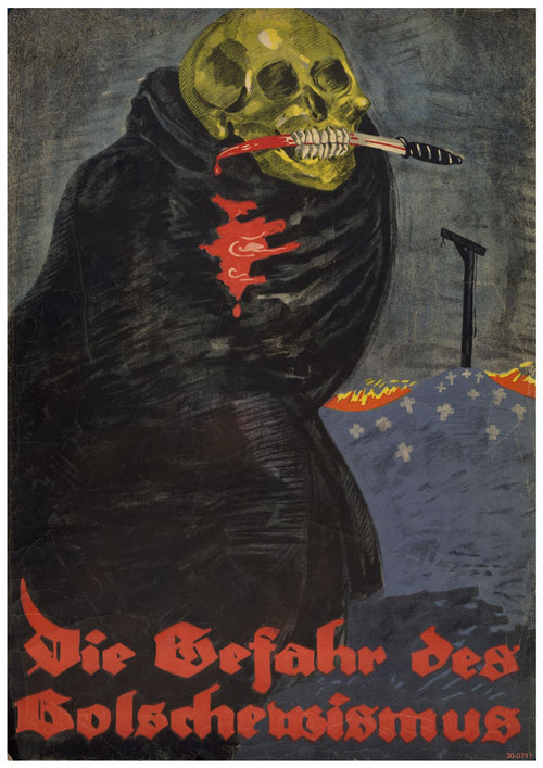 A propaganda poster features a skeletal figure in dark robes, holding a blood-stained knife in its mouth. Red, dripping wounds stain the robe. A cemetery with a single grave and cross looms in the background. Text at the bottom warns: "Die Gefahr des Bolschewismus." Printed on 250gsm satin paper, this striking image is available as A3 141 The Danger of Bolshevism Propagander posters.