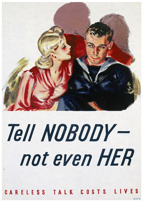 A vintage World War II propaganda poster shows a man in a naval uniform seated beside a woman in a red dress. The text reads, "Tell NOBODY—not even HER" with "Careless talk costs lives" at the bottom. Printed on high quality 250gsm satin paper, this A3 poster features a shadowy figure in the background. This is the Tell Nobody Propoganda Poster by A3 143.
