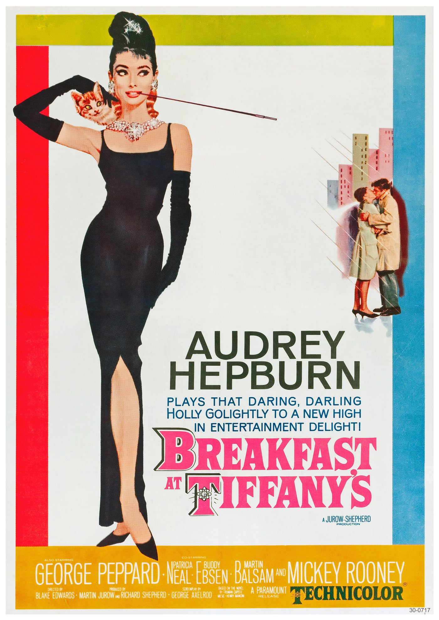 A classic film poster featuring a woman in a black dress, long black gloves, and a tiara, holding a cigarette holder. Text: "Audrey Hepburn plays that daring, darling Holly Golightly in 'Breakfast at Tiffany's'." Smaller images show Hepburn with George Peppard. Available as Y Breakfast At Tiffanys A3 posters on 250gsm satin paper.