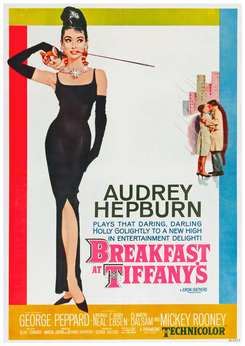 A classic film poster featuring a woman in a black dress, long black gloves, and a tiara, holding a cigarette holder. Text: "Audrey Hepburn plays that daring, darling Holly Golightly in 'Breakfast at Tiffany's'." Smaller images show Hepburn with George Peppard. Available as Y Breakfast At Tiffanys A3 posters on 250gsm satin paper.