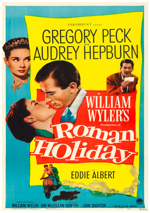 Vintage movie poster for "Roman Holiday" featuring Gregory Peck and Audrey Hepburn. The main image shows them romantically gazing at each other, with smaller images depicting their adventures in Rome. Text displays the title, credits, and film details. **Roman Holiday by Y** printed on high quality 250gsm Satin Paper.