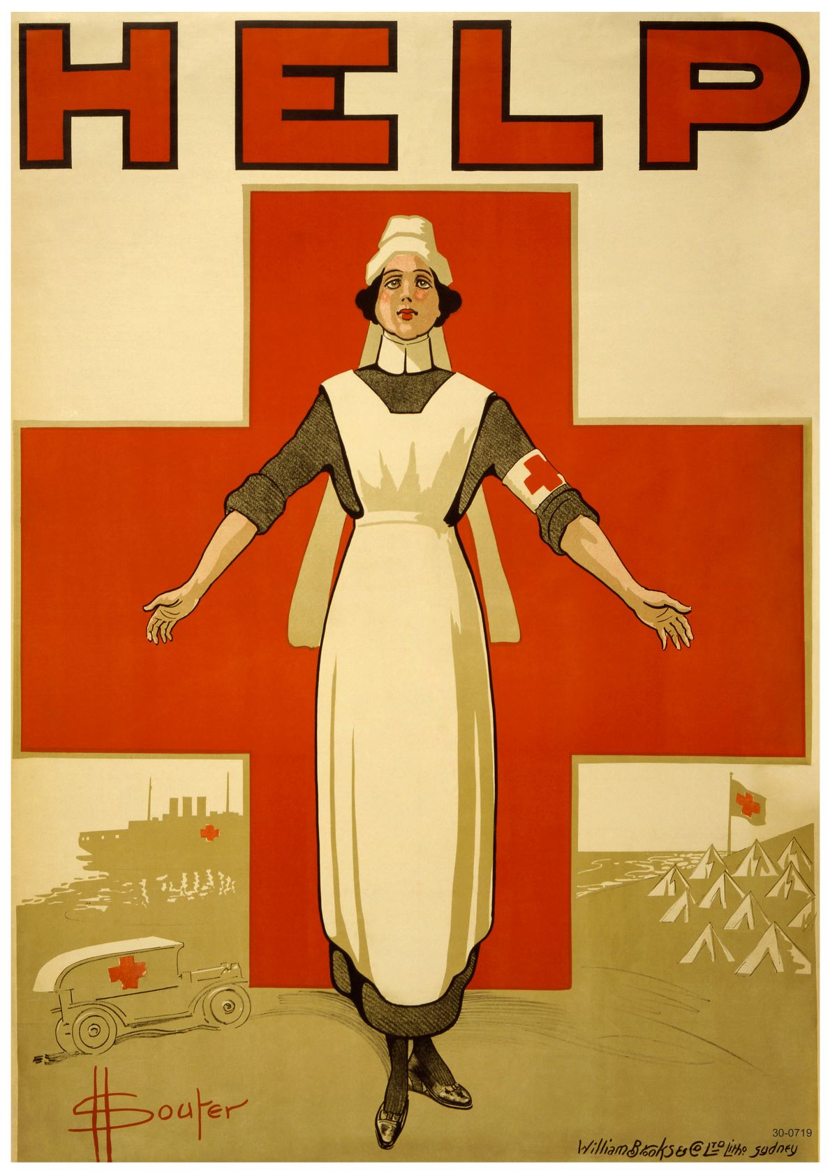 A vintage A3 131 Propaganda Poster Nurse Help, rendered through digital laser printing, features a nurse in a white uniform and apron, extending her arms with the word "HELP" in large red letters above her. A red cross looms in the background while the lower section depicts a ship, vehicle, and camp area with red cross flags.