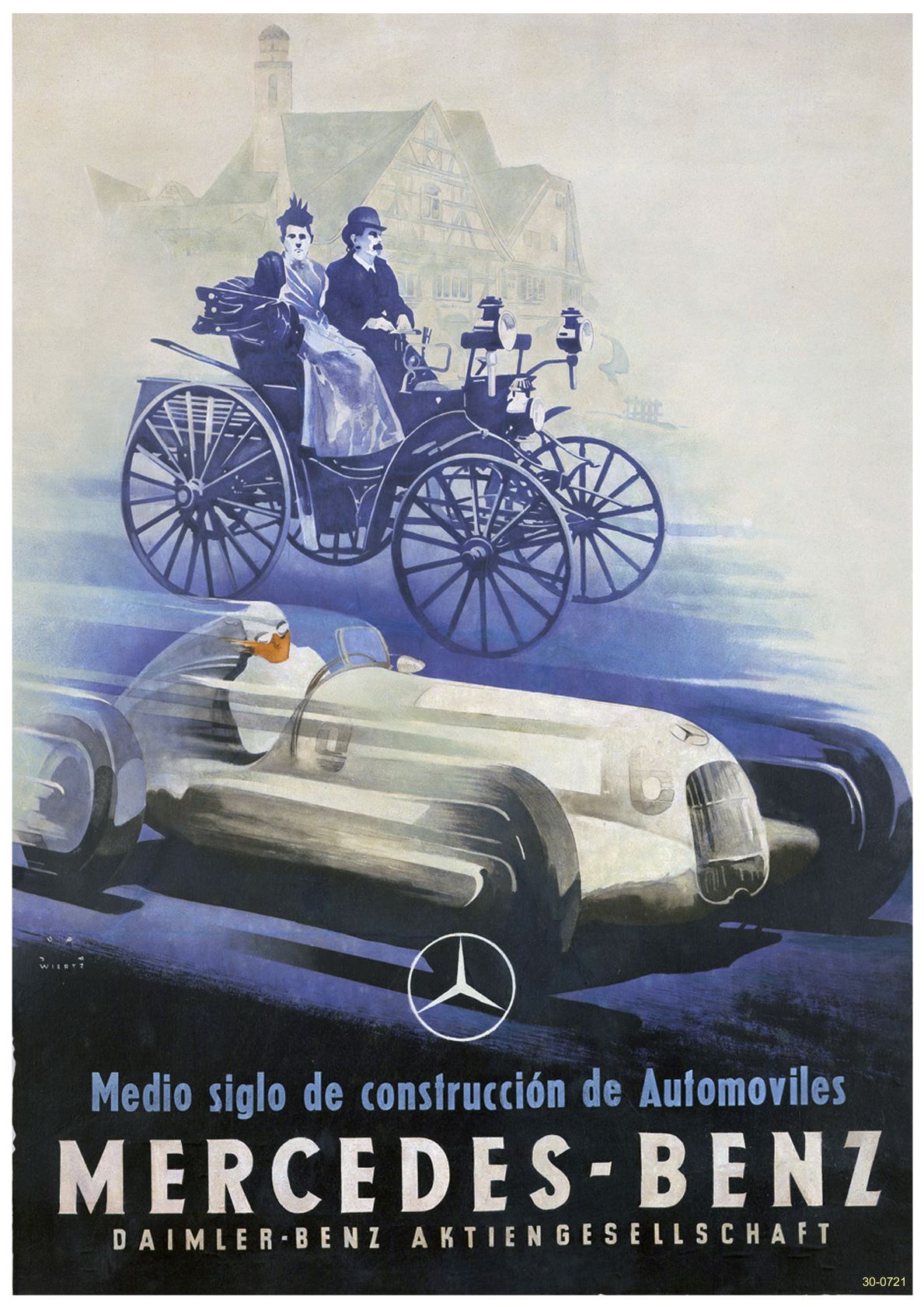 A vintage advertising poster for A3 085 showcases an early automobile with two passengers at the top and a sleek, silver race car at the bottom. The text reads: "Medio siglo de construcción de Automoviles, Mercedes Bennz Advertising Poster, Daimler-Benz Aktiengesellschaft.