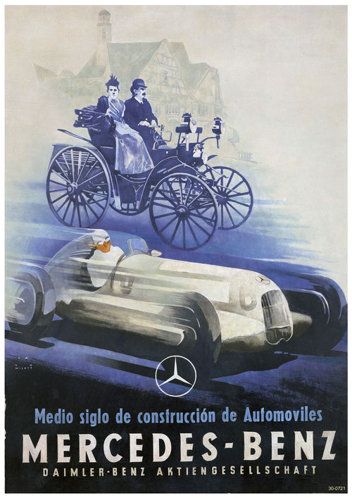 A vintage advertising poster for A3 085 showcases an early automobile with two passengers at the top and a sleek, silver race car at the bottom. The text reads: "Medio siglo de construcción de Automoviles, Mercedes Bennz Advertising Poster, Daimler-Benz Aktiengesellschaft.