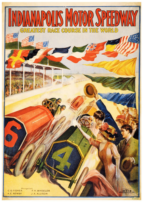 Vintage advertising poster for the A3 076 featuring two racing cars labeled with numbers 4 and 6 in an intense race. A cheering crowd waves flags from various countries. The top text reads "Indianapolis Motor Speedway" and "Greatest Race Course In The World." Printed on high-quality 250gsm satin paper.