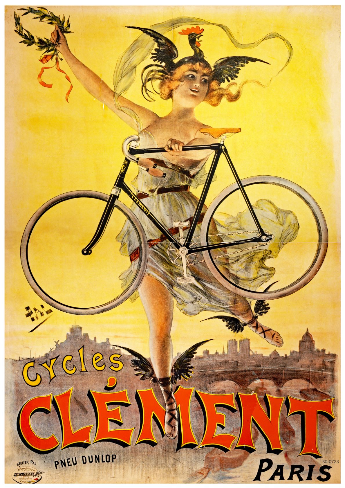 Vintage advertising poster featuring a winged woman in a flowing dress, holding a bicycle aloft with one hand and a wreath in the other. The text reads "Cycles Clément. Pneu Dunlop. Paris." Printed on 250gsm satin paper, the background showcases a cityscape under a golden sky. Perfect as Cycles Clement Paris by A3 077 posters.