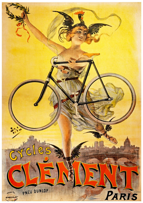 Vintage advertising poster featuring a winged woman in a flowing dress, holding a bicycle aloft with one hand and a wreath in the other. The text reads "Cycles Clément. Pneu Dunlop. Paris." Printed on 250gsm satin paper, the background showcases a cityscape under a golden sky. Perfect as Cycles Clement Paris by A3 077 posters.