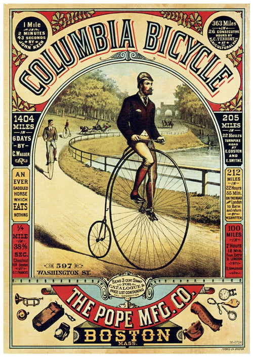 A vintage advertising poster for Columbia Bycle Adertising Poster by A3 078 showcases a man riding a high-wheel bicycle in a park. Printed on high-quality 250gsm satin paper, the poster includes distances for various routes, slogans, and highlights the company's Boston location at 597 Washington St.