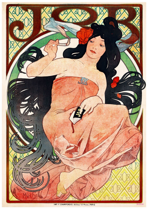 Art Nouveau illustration by Alphonse Mucha featuring a woman with long, flowing black hair, wearing a pink dress. She lounges, holding a cigarette in one hand and a box labeled "JOB" in the other. This Job Cigarette Papers Advertising Poster Mucha by A3 114 is printed as A3 posters on high quality 250gsm satin paper with intricate patterns in green and yellow.