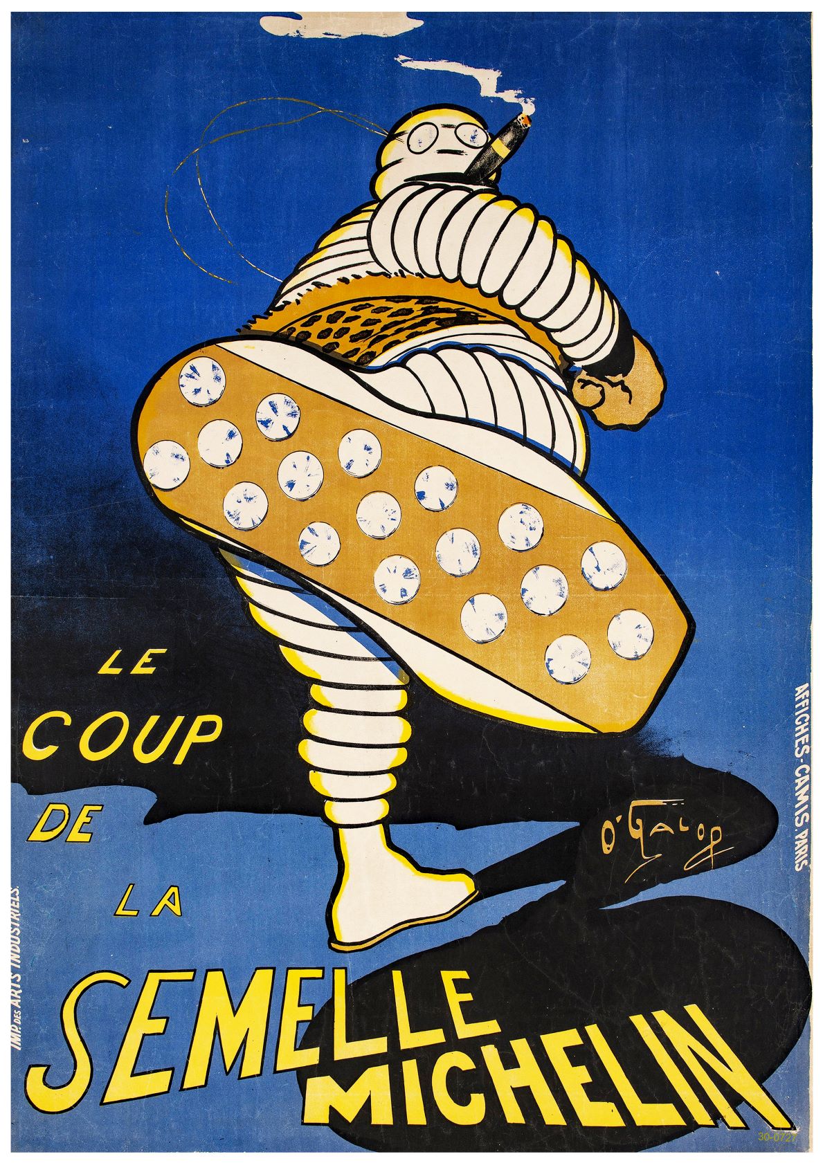 A vintage advertising poster in predominantly blue and yellow hues portrays the Michelin Man from the back, with exaggerated large shoes covered in tire treads. The text reads "Le Coup de la Semelle Michelin," emphasizing the reliability of Michelin soles. Perfect for A3 080's Michelin Adverting Poster using digital laser printing.