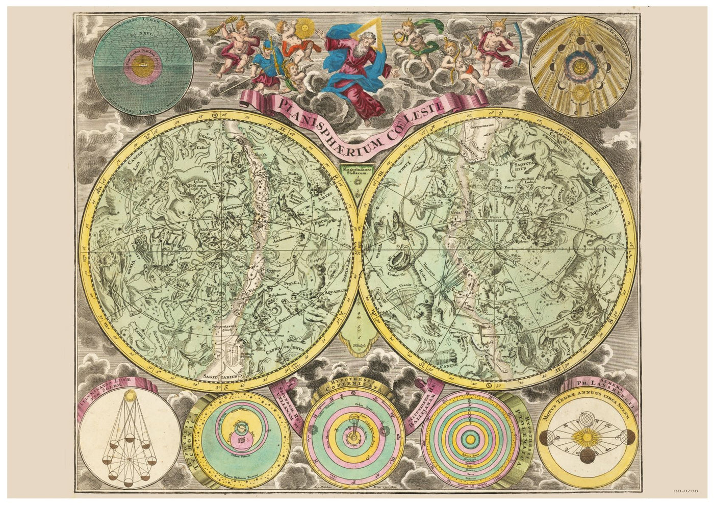 An ornately illustrated celestial map from the 17th century, printed on high quality 250gsm Satin Paper as an A3 poster. It depicts two large globes showcasing constellations surrounded by various astronomical diagrams and motifs, including angels and mythological figures. Latin inscriptions and intricate details abound.
Product Name: Celestrial Map 1728
Brand Name: A3 069