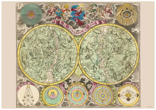 An ornately illustrated celestial map from the 17th century, printed on high quality 250gsm Satin Paper as an A3 poster. It depicts two large globes showcasing constellations surrounded by various astronomical diagrams and motifs, including angels and mythological figures. Latin inscriptions and intricate details abound.
Product Name: Celestrial Map 1728
Brand Name: A3 069