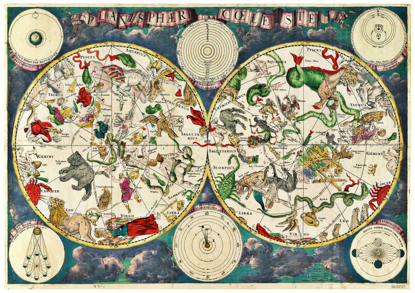 An intricate vintage celestial map displaying the northern and southern hemispheres, the Celestrial Map from 1670 by A3 070 features various constellations illustrated as mythological figures, animals, and objects. This science-themed poster is printed on A3 250gsm satin paper and includes decorative borders and symbols related to astronomy.
