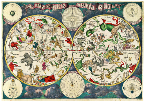 An intricate vintage celestial map displaying the northern and southern hemispheres, the Celestrial Map from 1670 by A3 070 features various constellations illustrated as mythological figures, animals, and objects. This science-themed poster is printed on A3 250gsm satin paper and includes decorative borders and symbols related to astronomy.