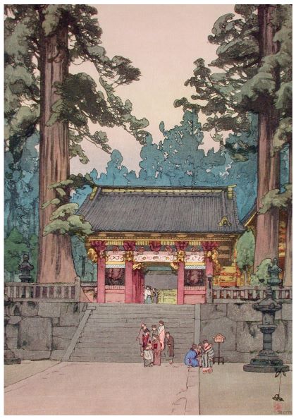 A serene image of a traditional Japanese temple gate surrounded by tall trees, captured perfectly for a Y Yoshido - Toshogu Shrine. Several people, dressed in traditional attire, stand near the entrance as stone lanterns and steps lead up to the vibrant, intricately designed gate. The sky is soft and pastel-colored.