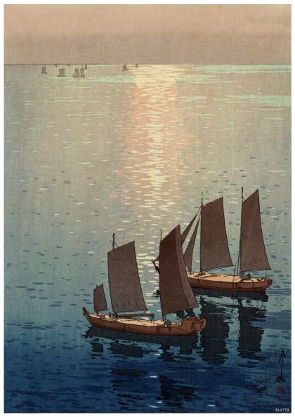 Three sailboats with dark sails glide across a calm sea reflecting the light of the setting sun. The water, tinged with hues of blue and gold, mirrors a timeless elegance reminiscent of a Hiroshi Yosido Glittering Sea by Y. The horizon fades into pastel gradients, evoking a sense of tranquility.