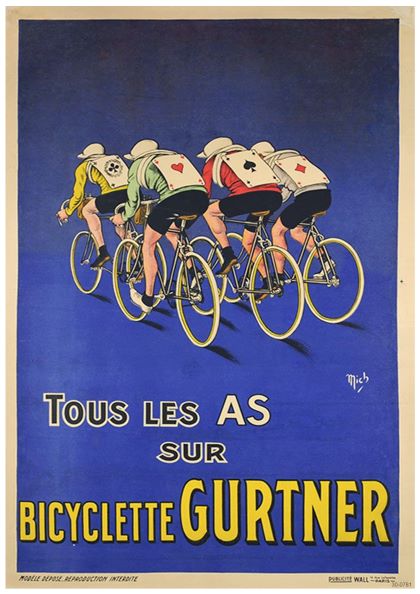 A vintage advertising poster features four cyclists riding in a line. Each cyclist wears a jersey with a different playing card suit (clubs, diamonds, hearts, spades). The text below in French reads "Tous les AS sur A3 088," promoting Bicyclette Gurtner. Available as A3 posters on 250gsm satin paper.