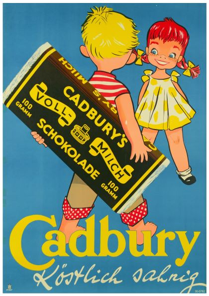 A vibrant vintage A3 087 advertisement, perfect for A3 posters on 250gsm satin paper, features a smiling boy carrying an oversized Cadbury Schokolade bar and a cheerful girl in a yellow dress. The blue background highlights "Cadbury" in bold yellow letters at the bottom. German text reads "köstlich sahnig.