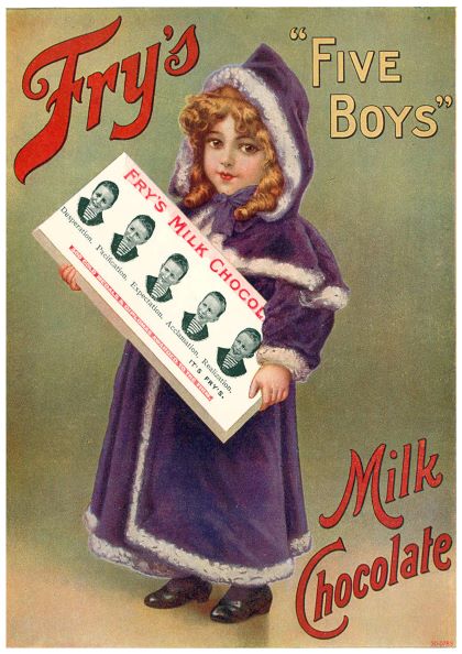 Vintage advertising poster featuring a little girl in a purple hooded coat holding a box of Fry's 5 Boys Chocolate. The high-quality 250gsm satin paper A3 poster shows the box with five boys' pictures, each showcasing different expressions. Text reads: "A3 '103'" at the top and "Fry's 5 Boys Chocolate" at the bottom.