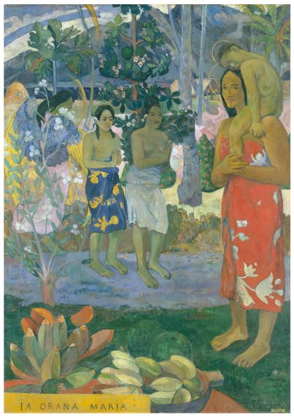A colorful painting by Paul Gauguin, depicted on high quality 250gsm Satin Paper, showcases three individuals—one woman carrying a child and two standing nearby—surrounded by tropical plants and trees. The scene features vibrant foliage and fruits in the foreground, with "La Orana Maria Gaugain" inscribed at the bottom. This exquisite piece is offered by Y.