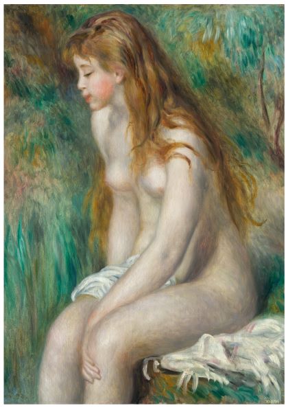 Impressionist painting depicting a nude woman with long red hair sitting on a cloth outdoors. She is turned to the side, looking down, amidst a background of green foliage. The serene expression and soft brushstrokes evoke tranquility. Perfect as Young Girl Bathing Renoir by Y, printed on high quality 250gsm Satin Paper.