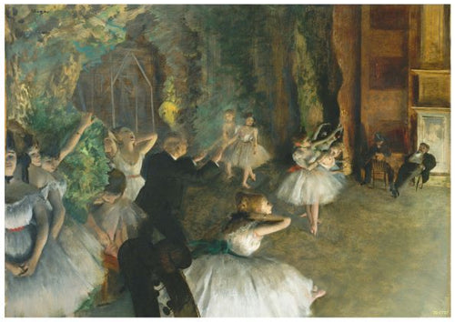 A painting depicts a ballet rehearsal with dancers in tutus practicing on a stage. The scene, printed on 250gsm Satin Paper, is detailed with a ballet instructor in black guiding the dancers. Additional people and musical instruments, including a cello, are visible in the dimly lit room. The product is called "The Rehersal of Ballet on Stage Degas" and it’s from the brand Y.