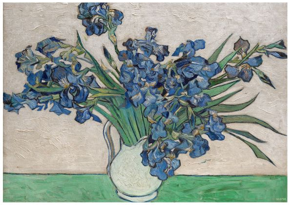 A classic art poster by Vincent van Gogh, Irises Van Gogh by Y, features a white vase filled with blue irises. The flowers' intricate details and varying shades of blue contrast against a light, textured background, while the green table beneath adds a touch of color to the composition. Printed on high-quality 250gsm satin paper.