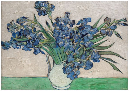 A classic art poster by Vincent van Gogh, Irises Van Gogh by Y, features a white vase filled with blue irises. The flowers' intricate details and varying shades of blue contrast against a light, textured background, while the green table beneath adds a touch of color to the composition. Printed on high-quality 250gsm satin paper.