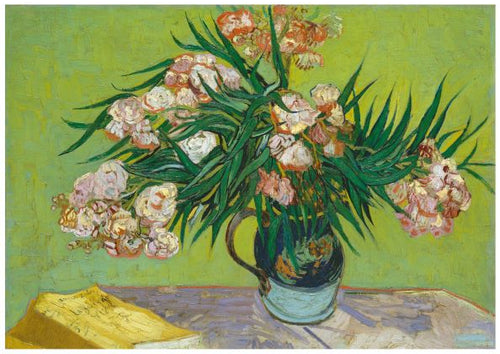 A Classic Art Poster depicting a vase with pink and white oleanders on a table. The vase has a green tint and sits on a wooden surface. A closed yellow book lies at the bottom left. The background is a vivid green, enhancing the vibrant colors of the flowers and leaves, printed on high-quality 250gsm Satin Paper is Oleanders Van Gogh by Y.