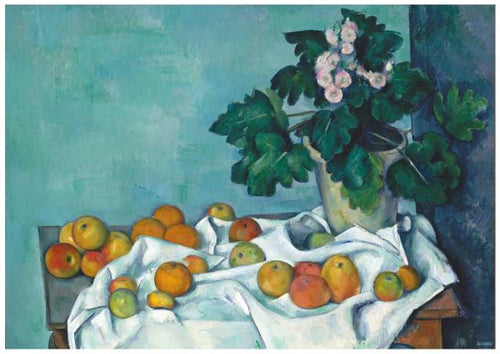 A still life painting by Paul Cézanne, featuring a table adorned with a white cloth holding an assortment of apples and other fruits. A potted plant with green leaves and pink flowers sits on the right side of the table, against a blue-green wall, captured beautifully as an Y Still Life Cezanne.