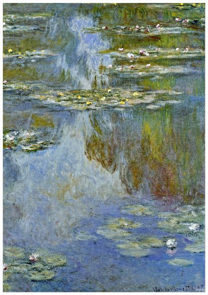 An impressionistic painting by Claude Monet featuring a serene pond with water lilies, captured perfectly on high quality 250gsm satin paper. The surface of the water reflects the sky and surrounding greenery, creating a harmonious blend of blues, greens, and hints of pink and yellow from the blooming flowers. This beautiful artwork is available as Water Lillies Claude Monet by Y.