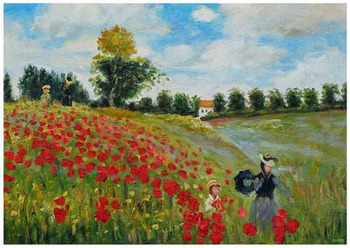 A vibrant painting of a field filled with red poppies. Two women and a child stroll among the flowers. In the background, tall trees line the horizon, a white house with a red roof is visible, and the sky is dotted with fluffy clouds. This classic art poster, "Poppy Field in Argenteuil Claude Monet" by Y, comes in A3 size on high quality 250gsm satin paper.