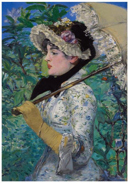 This Le Printemps Edouard Manet by Y showcases an impressionist painting of a woman in profile holding a parasol. Adorned in a floral dress and wide-brimmed hat, she stands against lush green foliage under a bright blue sky. Printed as A3 posters on high quality 250gsm satin paper, it's perfect for art lovers.