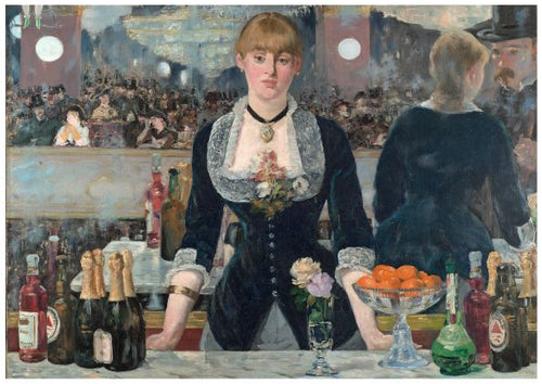 A painting of a barmaid standing behind a bar with various bottles, a vase of flowers, and a bowl of oranges in front of her. A large mirror reflects the lively crowd and bar setting. This Bar at the Folies Bergere Edouard Manet Y art poster is available as an A3 poster printed on high-quality 250gsm satin paper.