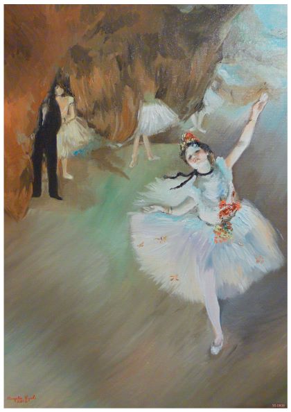 A painting depicts ballerinas in white tutus. One ballerina is dancing in the foreground with a bouquet of flowers. Behind her are other ballerinas and a man in a black suit, standing in front of a backdrop resembling a rocky cave. This Ballet L Etoile Edgar Degas by Y is printed on high-quality 250gsm Satin Paper.