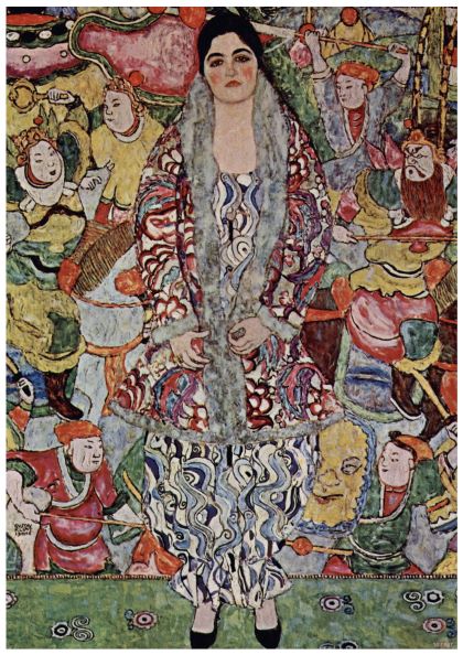A painting titled "Woman in a Persian Coat" by Henri Matisse depicts a woman standing with hands clasped. She wears a colorful, ornate Persian coat over a patterned dress. The background is vividly decorated with vibrant, abstract figures and shapes, perfect for a Portrait of Friederike Maria Ber Klimt Classic Art Poster on high quality 250gsm Satin Paper by Y.
