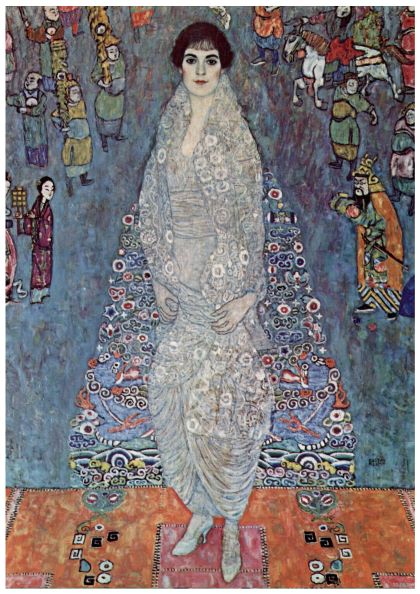 A detailed painting on an A3 poster, titled "Portrait of Baroness Bachofen Klimt" by Y, depicts a woman standing at the center in a long, patterned dress with a matching headscarf. She's surrounded by intricate designs and colorful figures in the background, showcasing a lively, decorative scene printed on 250gsm satin paper.