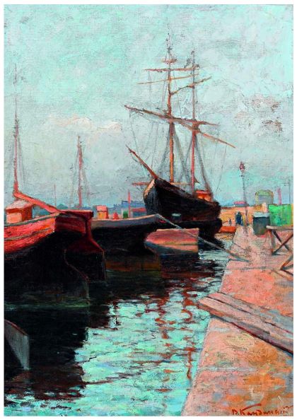 A painting of a calm harbor with two large sailing ships docked along a pier. The water reflects the ships and the cloudy sky above. The serene scene showcases the masts and rigging against a pastel-colored sky, beautifully captured as "Odessa Port Vassily Kandinsky" by Y on high quality 250gsm Satin Paper.