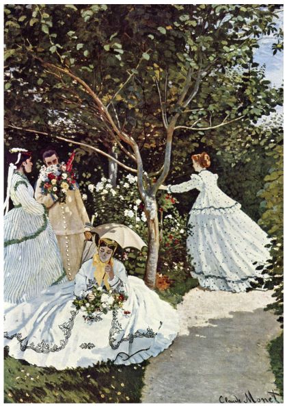 A *Women in Garden Claude Monet* art poster of a painting by Claude Monet depicts four women in white Victorian dresses in a lush garden. One woman sits on the grass holding an umbrella and a bouquet, while the others interact with flowers and bushes. A tree with green foliage is at the center. Available as A3 posters on high quality 250gsm satin paper from *Y*.