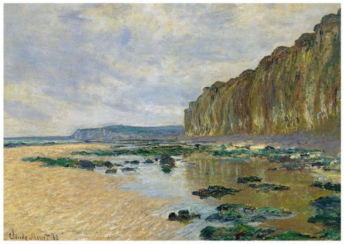 A classic art poster of a painting by Claude Monet depicting a coastal scene with a sandy beach at low tide. There are rocky outcrops and patches of water reflecting the sky. On the right, steep cliffs rise against a cloudy sky. The horizon shows distant landforms. Printed on high quality 250gsm satin paper in A3 size, the "Low Tide at Varengeville Claude Monet" by Y is perfect for any art enthusiast's collection.