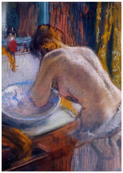 A pastel painting depicts a woman with a bare back leaning over a washbasin, washing her face. The scene is set indoors with vibrant orange curtains and a window in the background. This classic art poster, La Toilette by Edgar Degas from Y, rendered on high quality 250gsm satin paper, evokes a sense of intimacy and privacy.