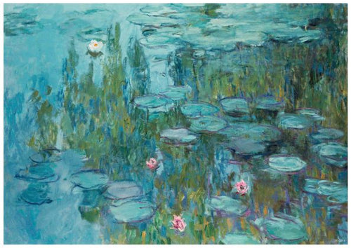 This Nympheas Claude Monet by Y, available as a high quality 250gsm Satin Paper Classic Art Poster, depicts a serene pond with water lilies. The water reflects lush greenery and an overcast sky, with clusters of pink and white lilies floating atop broad, rounded lily pads. The image exudes tranquility and natural beauty.