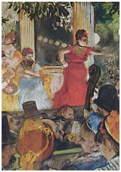 A vibrant painting, available as a classic art poster called "Concert at Las Ambassadeurs Edgar Degas" by Y, is printed on high-quality 250gsm satin paper. It depicts a lively scene with a dancing woman in a red dress at the center. She is surrounded by musicians and an audience, with elegantly dressed women near a window and colorful lights enhancing the festive atmosphere.